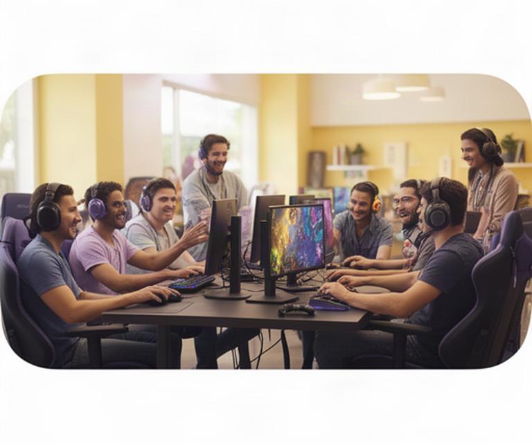 Players gathered around computers in a bright gaming lounge, sharing a multiplayer session and talking across the table